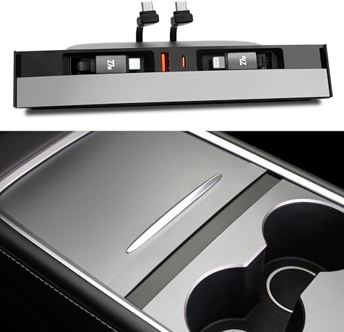 Leikaendi USB Hub Charger for Tesla Model 3 2021-2023 & Model Y 2021-2024 with Two 27W Fast Charging Retractable Cables, Slid Cover Phone Charger Center Console Docking Station Interior Accessories