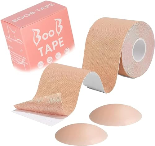 KAIAIWLUO Boob Tape Set,5cm*5m Boobtapes with 2 PCS Reusable Nipple Covers Booby Body Tape for Lift & Support Self-Adhesive Strapless Boobtapes Invisible Bra for Women Large Breasts A-G Cup