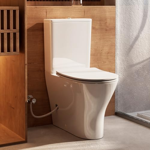 ARES 18 Tall Rear Outlet Toilet, Two-Piece Toilet with Comfort Seat & Dual Flush Water Tank, Powerful Rimless Flush with P-Trap Rear Discharge, Includes Two Types of Extension Pipes