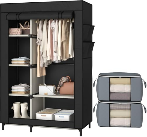 Calmootey Portable Closet, Wardrobe with 6 Shelves and Hanging Rod, Storage Organizer for Bedroom, Non-Woven Fabric Cover with 4 Side Pockets, Includes 2 Storage Bags for Clothes, Black