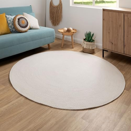 Steffensmeier Handweb Teppich Bali | 100% Baumwolle, Creme, handgefertigt, Größe: Ø 200 cm | Flur, Eingangsbereich, Wohnzimmer