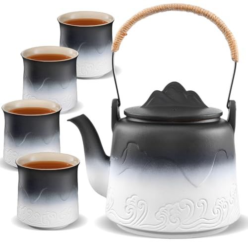 ZENS Vintage Japanese Tea Set, 1000ml Embossed Japanese Teapot with Built-in Strainer for Loose Leaf Tea Brewing, Ceramic Infuser Teapot with 4 Cups and Hemp Rope Handle for Tea Party Women Gifts