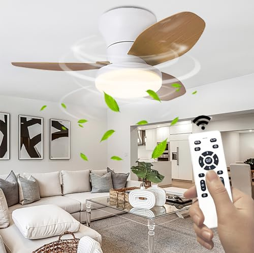 Ventilador Techo Con Luz Cuchillas Con Grano De Madera Regulable 6 Velocità, Ventilador De Techo Con Luz Y Mando Motor DC, Lampara Con Ventilador Techo Dormitorio Pequeño Memoria Con Temporizador