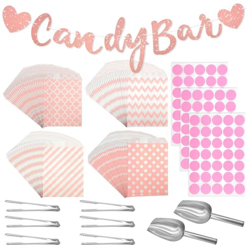 FIHODONE 112 PCS Candy Bar Accessories Pink,Contains 100 Sweet Bags,6 Sweet Tongs,2 Candy Bar Scoop,3 Stickers and 1 Bar Banner for Celebrate, Birthday