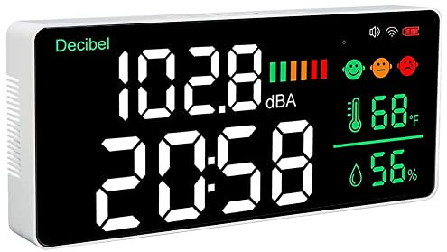 Uanratg Medidor de Decibelios 4 en 1, Medidor de de Sonido WiFi Montado en la Pared Reloj Digital Medidor de Temperatura y Humedad, Medidor de 30-130DBA DB
