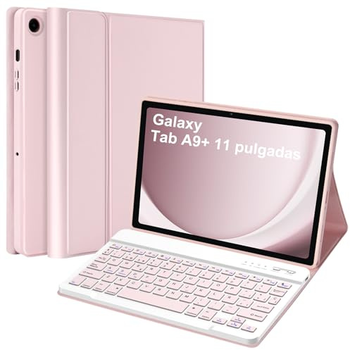 Funda con Teclado para Samsung Galaxy Tab A9 Plus 2023 11 Pulgadas SM-X210/X216/X218, Español Ñ Bluetooth Teclado Magnético, Funda Protectora para Teclado Extraíble para Galaxy Tab A9+(Rosa)