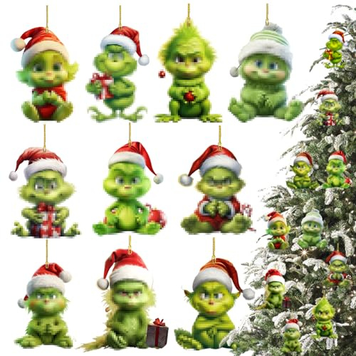 10 Stück Grin-ch deko weihnachtenanhänger, 2D Acryl-Anhänger mit elastischer Kordel, Grin-ch Weihnachtsbaum Anhänger, 2024 Lustige Weihnachten Deko, für Weihnachtsbaum Dekorationen, Party, Urlaub
