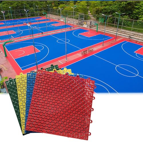Outdoor Basketball Court Tiles 10 × 10 Inch Modular Ineinandergreifende Bodenfliesen/Matten für Gymnasium Spielplatz Wasserdicht DIY Puzzle Bodenbelag in Rot Gelb Blau und Grün Ideal für öffentliche