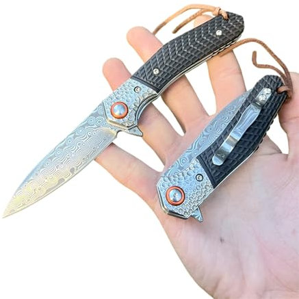 Obespina Couteau Pliant Poche Damas Style Japonais Acier 67 Couches VG10 lame Tranchante Manche Bois d'ebene texturé Collection Cadeau Homme custom edc clip roulement bille camping