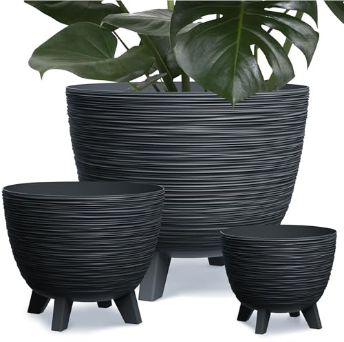 EDANTI Blumentopf 3er-Set Blumentöpfe mit Füßen Pflanzentopf Schale 23,6/29/39,5cm Klein Und Große Töpfe Füße Blumenkübel Rund Pflanzschale Übertopf Pflanzgefäß (Schwarz)
