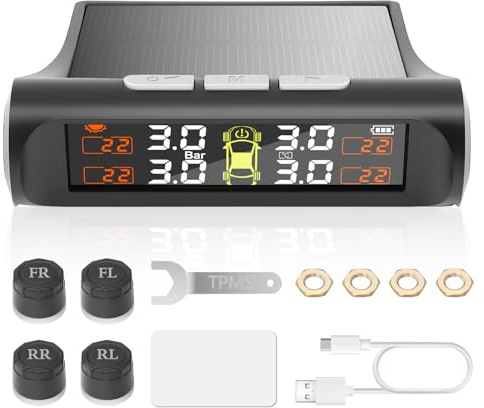 Reifendruckkontrollsystem mit Solarladung, TPMS Reifendruckkontrollsystem mit 4 externen Sensoren und 5 Alarmmodi, Echtzeitüberwachung Druck und Temperatur, geeignet für Fahrzeuge mit 4 Rädern