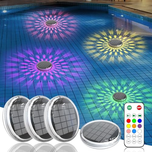 Kitloo Solar Rechargeable Floating Pool Lights(4 Pack), Pool Lights That Float with Remote Control, 9 Lighting, Timing Mode, IPX7 Waterproof for Inground Pool, Bathroom, Bathtub, Pool Party