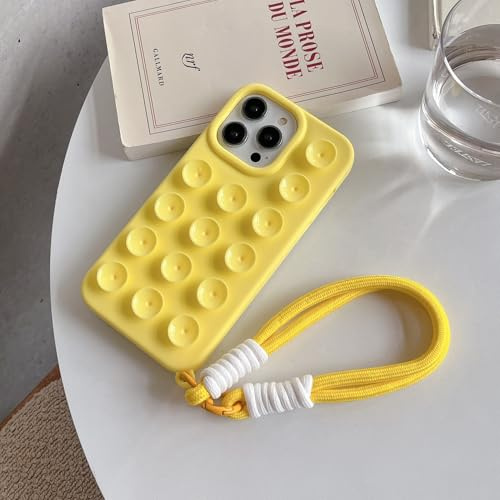 Yhsvie Custodia per iPhone 13 Pro Con Cinturino,Design Ventosa Custodia,Sottile Morbida Silicone TPU Bumper Case Resistente Agli Urti Antigraffio Cover-Giallo