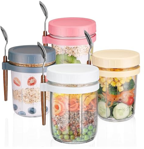 Gttyowyin 4er Set Overnight Oats Gläser, Haferbehälter mit Deckel und Löffel - Luftdichte 350 ml Joghurtbecher To Go, Overnight Oats Gläser für Haferflocken, Müsli, Joghurt, Obst & Milch