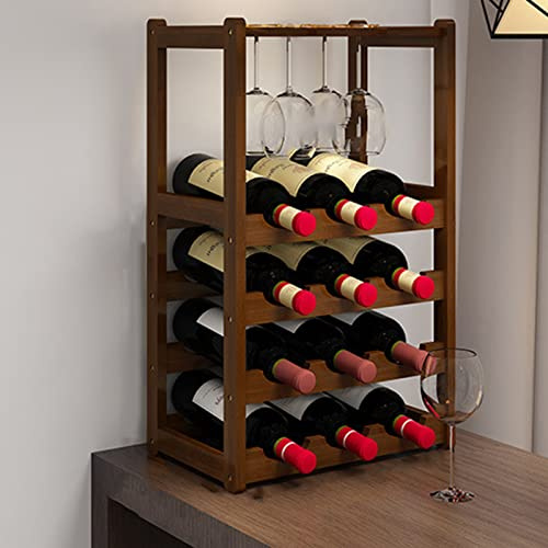 Casier à vin en bambou pour 9 bouteilles et 4 verres – Décoration élégante pour la maison et la cuisine, design peu encombrant, solution de rangement élégante pour bars et caves
