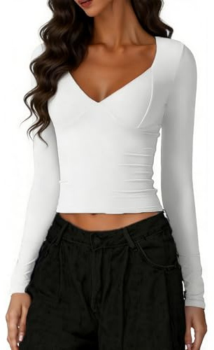 LACOZY Women’s Long Sleeve Shirts V Neck Casual Tops 2026 Fashion Slim Fitted Cropped Tops Basic Tee Y2k Outfits White M