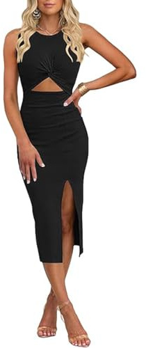 Gkaopi Vestito Donna Sexy Senza Maniche Midi Vestito Estivo da Sera Elegante Girocollo Ritaglio Lungo Abito Tinta Unita Bodycon Abiti con Spacco Tubino Aderente per Cocktail Festa Discoteca