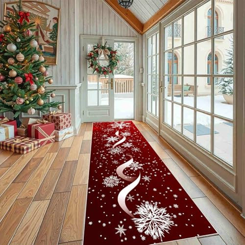 Dppyuxa Winter Schneeflocke Teppich Läufer Flur Weihnachten Schnee Lang | Waschbar und rutschfest Festlich Muster Küchenläufer Flurteppich für Küche & Eingangsbereich