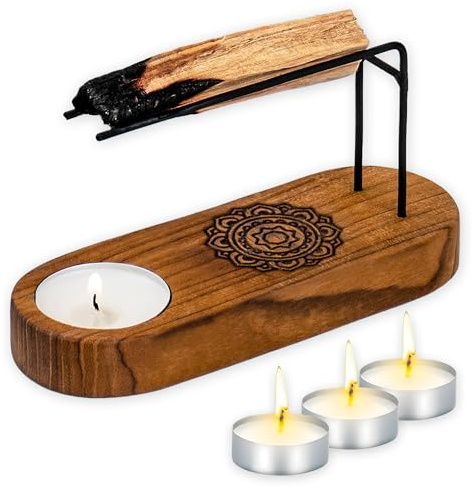 Räucherhalter, Räucherschale, Palo Santo Halter und Salbei, Räucherbündel, Kräuter, mit integriertem Teelichthalter, 3 Teelichter im Set - sicher & stabil, Handmade, Zen-Deko