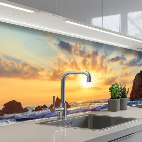 KitchenYeah© Paraschizzi Cucina Adesivo Pannello Parete Paraspruzzi | 80x300 cm - Pannelli retro Tramonto - Mare - Spiaggia - Paesaggio