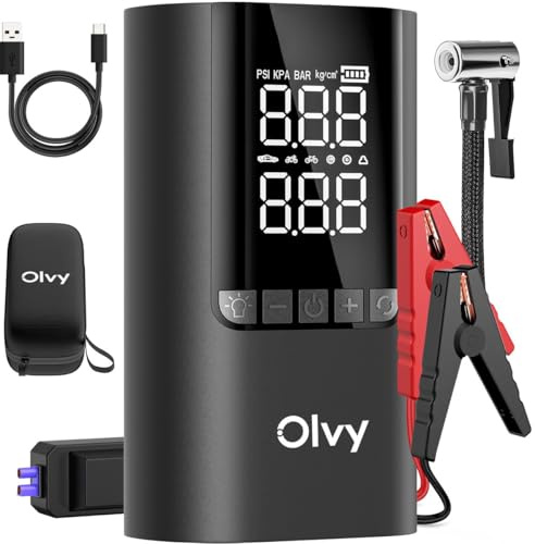 Arrancador portátil Olvy 4 en 1 con compresor de Aire, 1500 A de Potencia máxima, batería Externa de 12 000 mAh, protección Inteligente, luz LED, Pantalla Digital, Compacto para vehículos de Gasolina