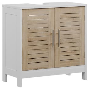 Vicco Meuble Vasque Simple Looma, Blanc/chêne, 60x60cm | avec 2 compartiments fermés, utilisable comme armoire de rangement sur machine à laver ou toilettes