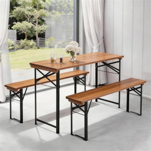 Bonnlo 3-teiliges Bierzeltgarnitur aus Tannenholz & Metall, klappbares Camping-Möbelset für Garten, Picknick, Balkon & Innenbereich, 113,5 × 50 × 74,5 cm, Walnussfarbe