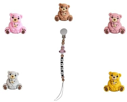 Baby Schnullerkette Clip, Schnullerkette 3D Tier Perle Schnullerband Mädchen und Jungs,Clips für Lätzchen Dreieckstuch Sauger/Kinderwagen/Babytrage/Autositz, Baby Geschenk (Mama Bär)