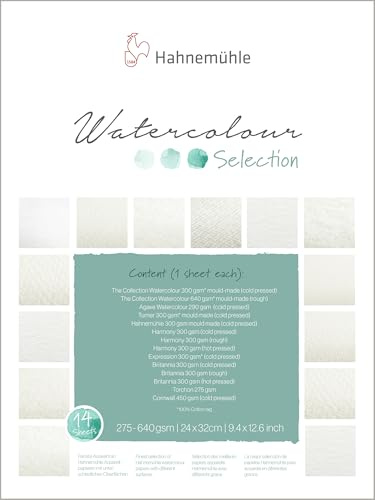 Hahnemühle Watercolour Selection, 14 olika akvarellpapper för testning, 275 640 g/m², 24 x 32 cm