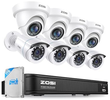 ZOSI 3K Lite Home Security Camera System with AI Human Vehicle Detection, H.265+ 8CH CCTV DVR and 8 x 1080p Wired Outdoor Indoor Bullet Dome Cameras, Remote Access, Alert Push (1TB Hard Drive)