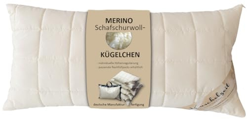 Meivita Merino Schafschurwolle Kopfkissen in 40x80 cm mit 500 Gramm Füllung aus Schurwoll Kügelchen zur individuellen Höhenverstellung und unterstepptem Baumwollbezug - Made in Germany