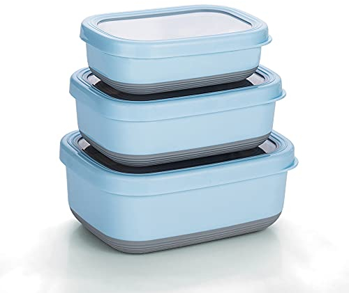 Lille Home Premium Stainless Steel Food Containers/Bento Lunch Box With Anti-Slip Exterior, Set of 3, 470ML, 900ML,1.4L, Leakproof, BPA Free