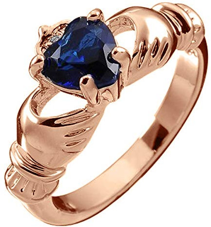 GWG Jewellery 18K Roségold vergoldetes Claddagh Liebesring mit Saphir-Blauenherz Stein, Händen und Krone -10 in Geschenkbox für Frauen