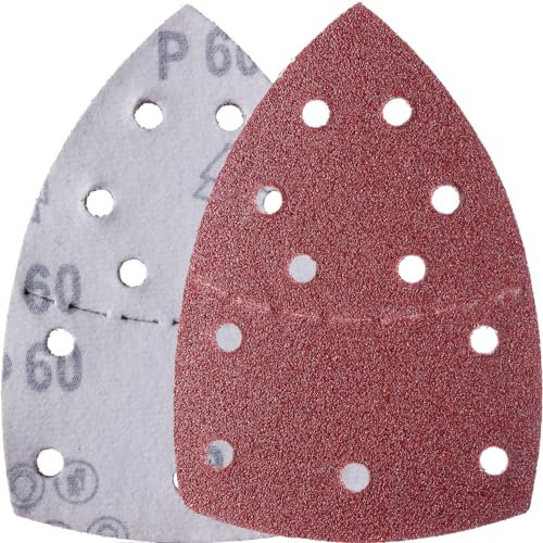 YoiYee 60 Grit Sanding Sheet Set, Mouse Detail Sander Sandpaper, Delta Triangular Sand Paper Pad, Hook and Loop Fastening, 11 Holes, Accessories for Multi-Sander, Red, 10 Pack