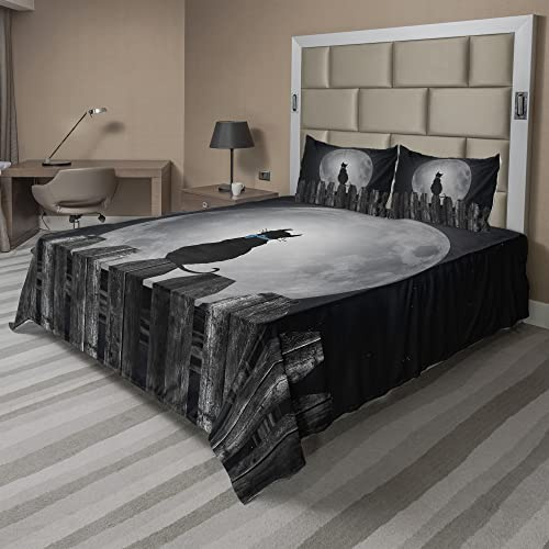 Ambesonne Moon Sheet Set, Silhouette of a Cat Looking to Full Moon While Sitting on The Fence Animal, Fitted and Flat Sheet with Pillowcases Bedding Accent 4 Piece Set, King, Black Pale Grey Blue