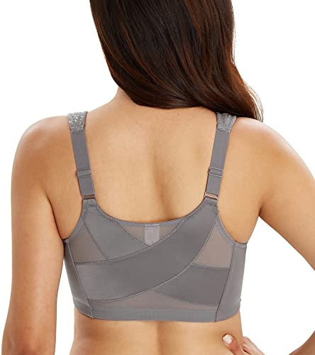 Lemorosy Women's Wirefree Jacquard Back Support Bra Full Figure Front Closure Posture Underwear(Grey,36E)