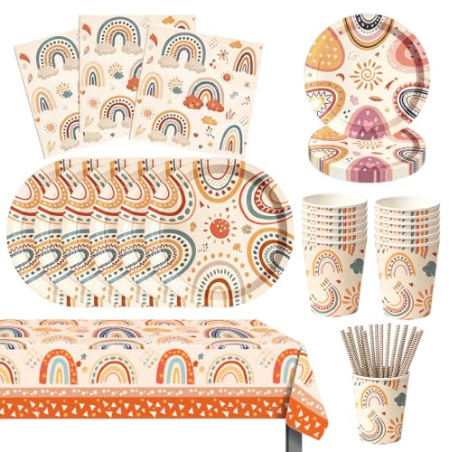 ZOOMPIL Vaisselle de Fête Arc-en-ciel Bohème, 70pcs Assiettes Verres Serviettes Pailles et Nappe, Robuste et Durable, Nettoyage Rapide, Idéal pour Carnaval et Décorations Festives, 8 Invités