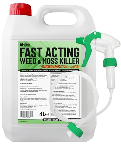 Elixir Gardens 4 Litre Fast Acting Glyphosate-Free Weed & Mosskiller | Child and Pet safe Organic & Natural Ready-to-Use Acetic Acid Formula 60g/l | Results in 24 Hrs | 4 L with Spray Head & Hose x 1