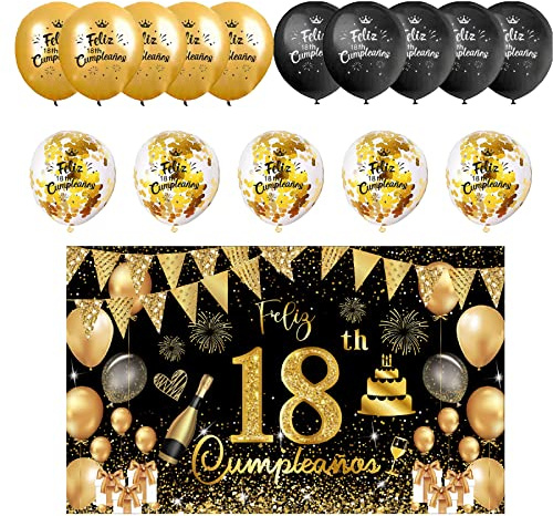 Decoración para Cumpleaños 18 en Español - Pancarta Feliz Cumpleaños, Fondo Cartel, 15 Globos - Kit de Adornos Negro y Oro para 18 Años