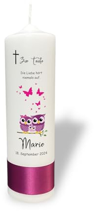 Taufkerze mit Eulen und Schmetterlingen