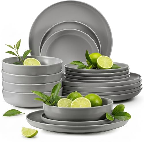 Konsimo. Geschirrset 6 Personen - VICTO Teller Set Modern 18 Teilig - Tafelservice & Geschirrsets - Kombiservice 6 Personen - Steingut Service für Familie - Geschirr Grau - Essgeschirr