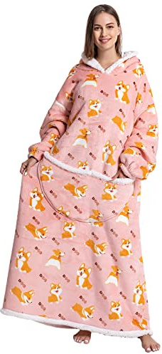 JOREAY överdimensionerad filt huvtröja – sherpa fleece bärbar filt för unisex vuxna kvinnor män, fluffig gigantisk bekväm tröja med huva, Corgi, en storlek
