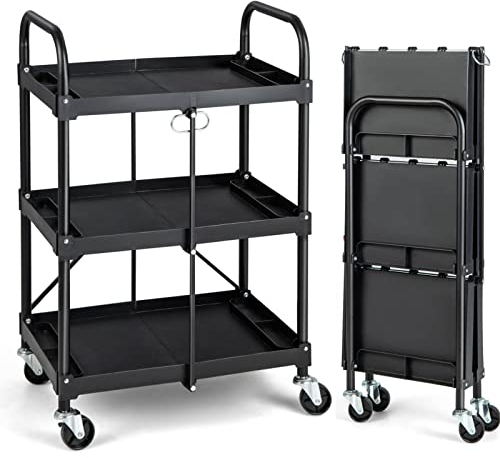 COSTWAY 3 Tiers Folding Tool Trolley, Rolling Metal Service Cart with Lockable Wheels, Tool Grooves & Handles, Heavy Duty DIY Storage Organizer for Home Garage Workshop Black