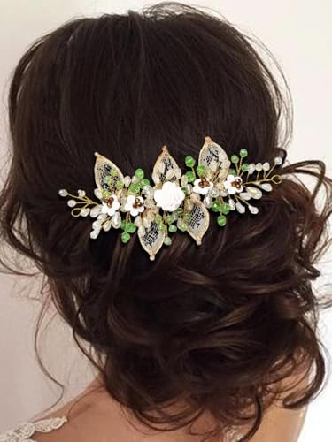 Ushiny Blumen-Braut-Hochzeits-Stirnband, goldfarben, Brautschmuck, Weinrebe, Strass, Haarschmuck, Abschlussball, Kristall, Kopfschmuck für Damen und Mädchen