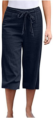 RMBLYfeiye Chino Damen Hose Sweathose Damen Sommerhose Damen Leicht High Waist Einfarbiges Tunnelzug 7/8 Hosen Mit Taschen Baumwoll Leinen Locker Chino Hose Leicht Stoffhose Pants Damen (Marine, S)