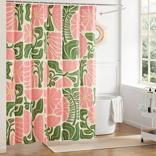 Ohocut Mid Century Modern Abstract Geometric Boho Shower Curtains for Bathroom, Cute Pink Floral Bathroom Shower Curtain, Vintage Bath Curtain, Waterproof Fabric Shower Curtain