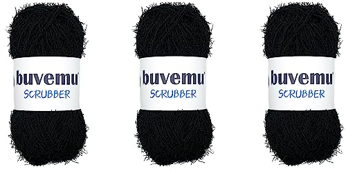 Buvemu Scrubber Yarn for Crocheting Knitting Dishcloths Washcloths Crafty Items, 100 Gram (3.53 Ounces) 88 Yards (80 Meters) (Black) (3 Skeins)