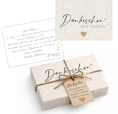 Eummel 25 Dankeskarten Set auf Premium 300g Cremepapier | Edle Danksagung nach der Hochzeit, Geburt, Taufe & Geburtstag | Postkarten DIN A6 im schönen Stoff Design Made in Germany