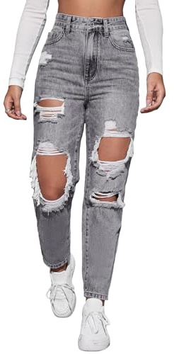 Floerns Women's High Waist Boyfriend Straight Leg Ripped Jeans Distressed Denim Pants Grey Medium