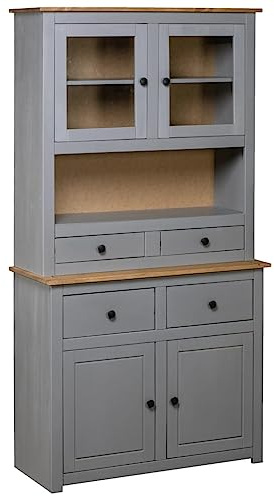 vidaXL Solid Pine Wood Panama Highboard with Ample Storage - Polished & Lacquered Grey Sideboard for Living Room, Bedroom - Unique Design with Distinct Wood Grain